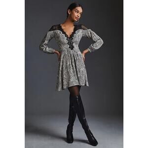 By Anthropologie Lacy V-Neck Mini Dress US 2 White Black #8E451